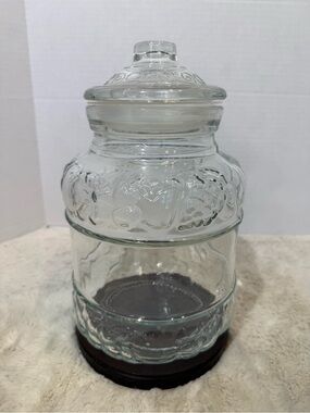 Vintage KIG INDONESIA clear glass fruit embossed cookie jar